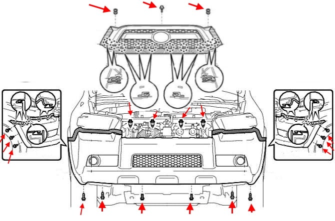 Schéma de montage du pare-chocs avant Toyota 4Runner (2010+)