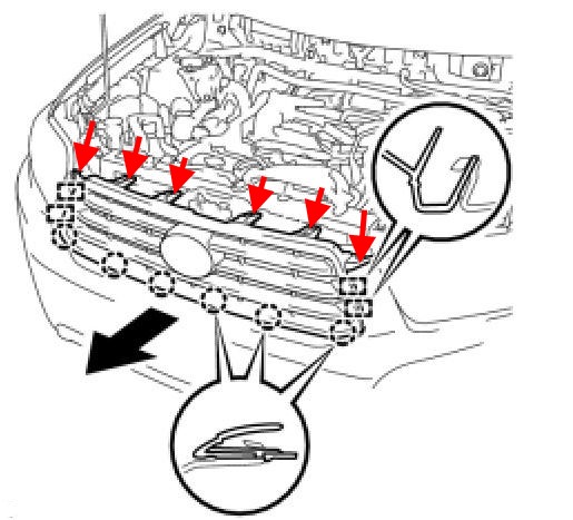 esquema de montaje de la parrilla del radiador Toyota Highlander XU 40 (2008-2013)