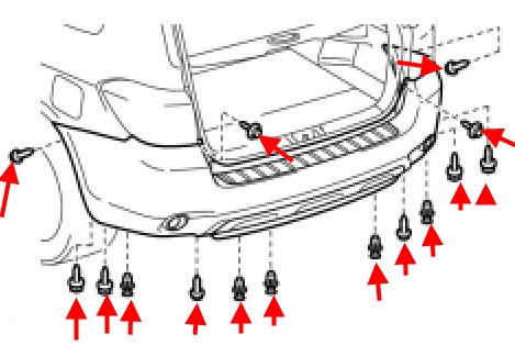 schéma de montage du pare-chocs arrière Toyota Highlander XU 40 (2008-2013)