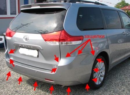 Befestigungspunkte der hinteren Stoßstange Toyota Sienna XL30 (2010-2020)