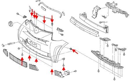 Diagrama de montaje del parachoques delantero Toyota IQ