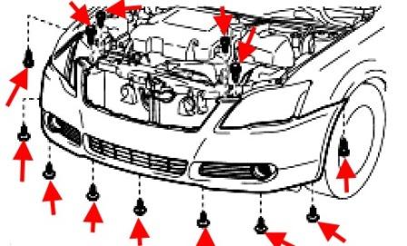 the scheme of fastening of the front bumper Toyota Avalon (2005-2012)