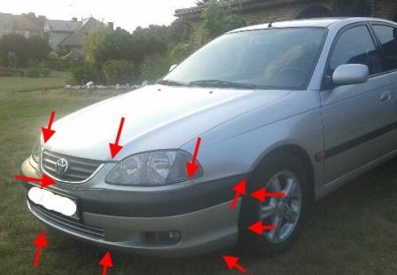 the attachment of the front bumper Toyota Avensis MK1 (1997 - 2003)