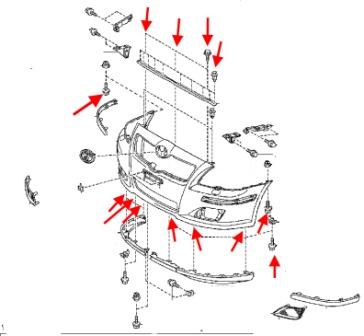 Diagrama de montaje del parachoques delantero del Toyota Avensis MK2 (2003-2008)