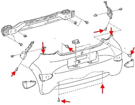 Schéma de montage du pare-chocs arrière Toyota Aygo (2005-2014)