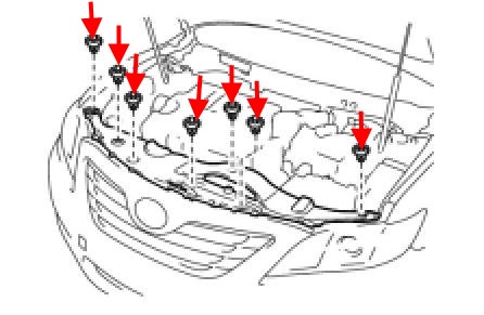the scheme of fastening of the front bumper Toyota Camry XV40 (2006-2011)