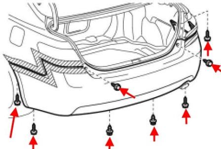 Schéma de montage du pare-chocs arrière Toyota Camry XV40 (2006-2011)