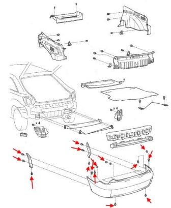 Schéma de montage du pare-chocs arrière Toyota Celica (1999-2006)
