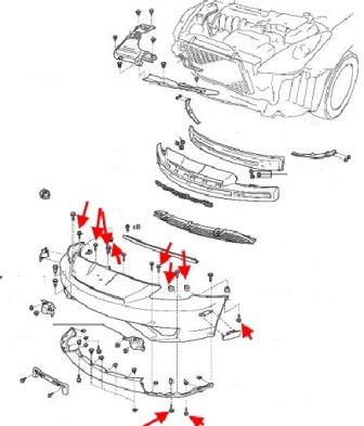 the scheme of fastening of the front bumper Toyota Celica (1999-2006)