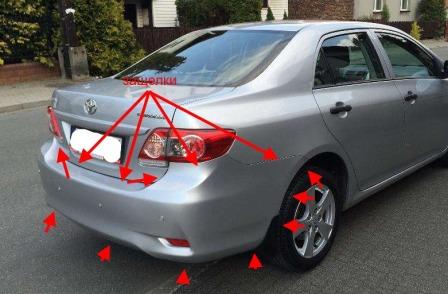 points de fixation du pare-chocs arrière Toyota Corolla (2006-2013)