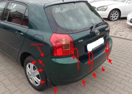 points de fixation du pare-chocs arrière Toyota Corolla (2000-2006)
