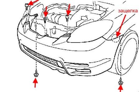 the scheme of fastening of the front bumper Toyota Matrix (2003-2008)