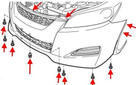 the scheme of fastening of the front bumper Toyota Matrix (2009-2014)