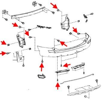 Diagrama de montaje del parachoques trasero Toyota RAV4 (2012-2018)