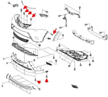 Schéma de montage du pare-chocs avant Toyota RAV4 (2012-2018)
