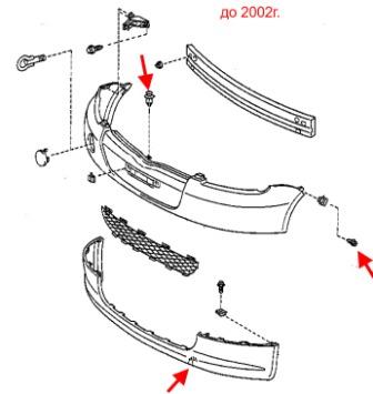 the scheme of fastening of the front bumper Toyota Yaris (1999-2005)