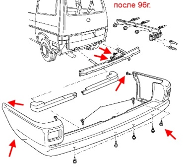 esquema de montaje del parachoques trasero VW T4 Transporter, Caravelle, Multivan
