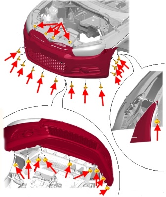 Schéma de fixation du pare-chocs avant VW Scirocco