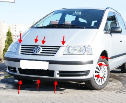места крепления переднего бампера  VW Sharan (после 2000 года)