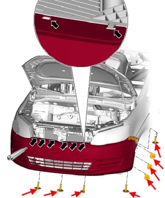 Schéma de fixation du pare-chocs avant VW Sharan (après 2010)