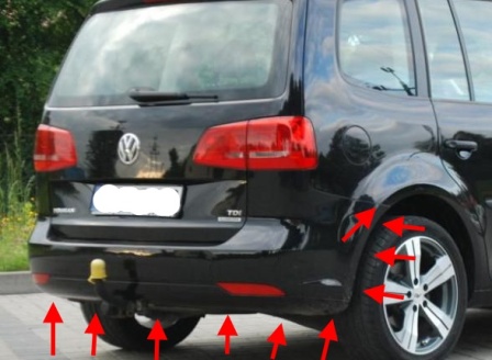 points de fixation pour le pare-chocs arrière VW Touran (après 2010)