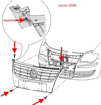 Esquema de montaje de la parrilla del radiador VW Touran (hasta 2010)