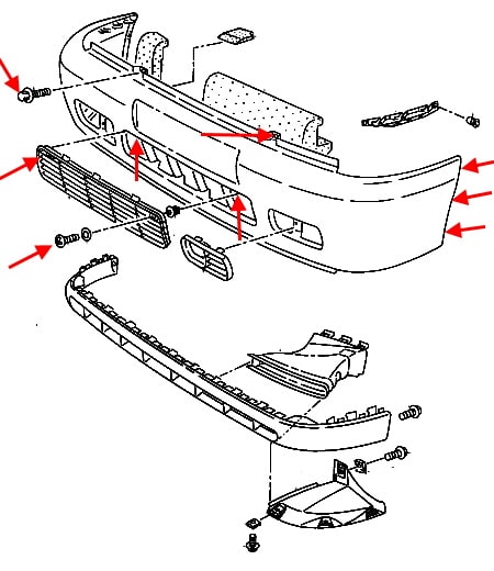 Schéma de montage du pare-chocs avant VW Caddy (1995-2004)
