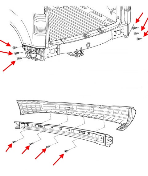 Schéma de montage du pare-chocs arrière VW Caddy (1995-2004)