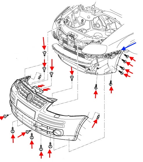 Schéma de montage du pare-chocs avant VW Caddy (2004-2015)