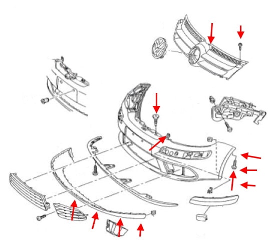 Schéma de montage du pare-chocs avant VW Golf Plus (2005-2014)