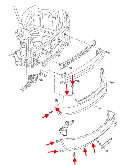 Montageplan für die hintere Stoßstange VW Golf Plus (2005-2014)