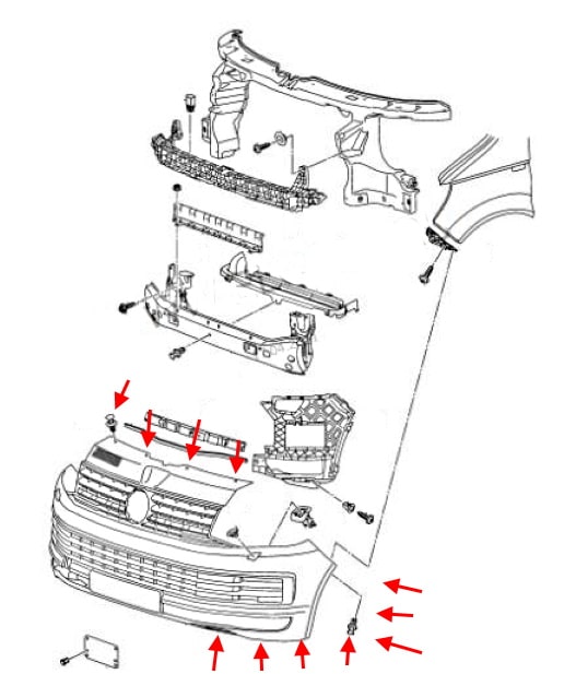 Schéma de montage du pare-chocs avant VW T6 Transporter, Caravelle, Multivan