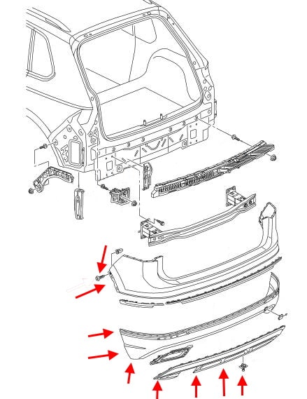 Schéma de montage du pare-chocs arrière VW Tiguan II (2016+)