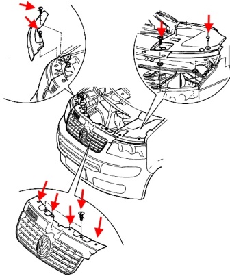 scheme of fastening of the radiator grille VW T5 (Transporter, Caravelle, Multivan)