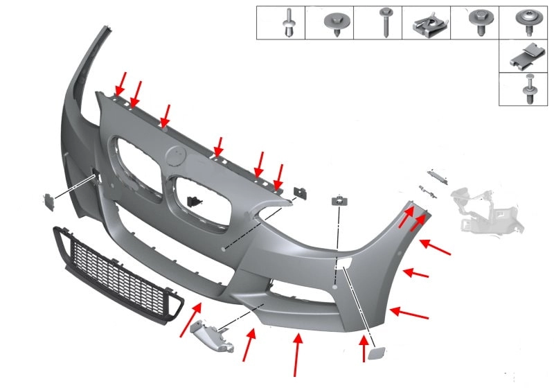 Diagrama de montaje del parachoques delantero BMW Serie 1 (F20, F21)