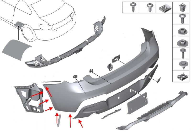 BMW 1er (F20, F21) Montageplan für die hintere Stoßstange