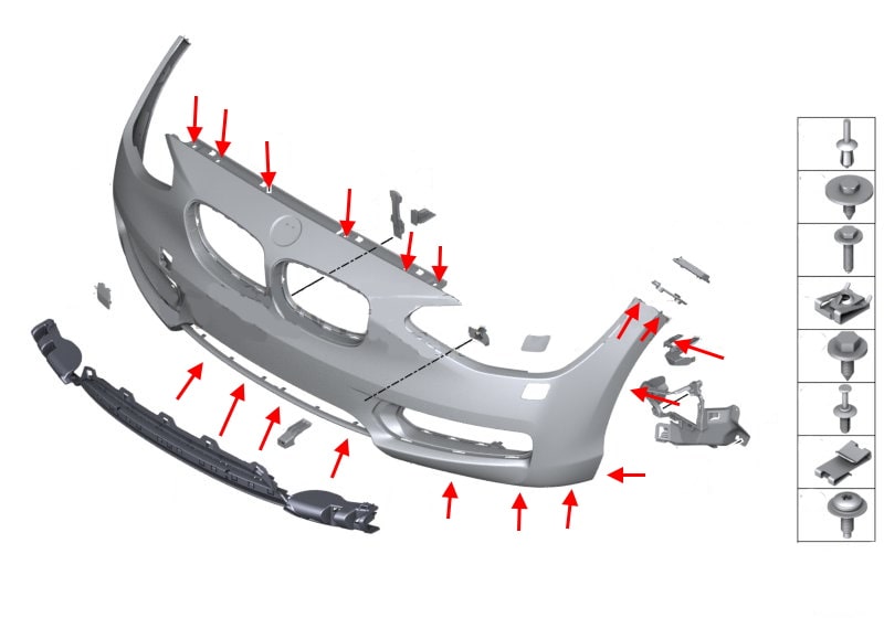 Diagrama de montaje del parachoques delantero BMW Serie 2 (F22, F23)