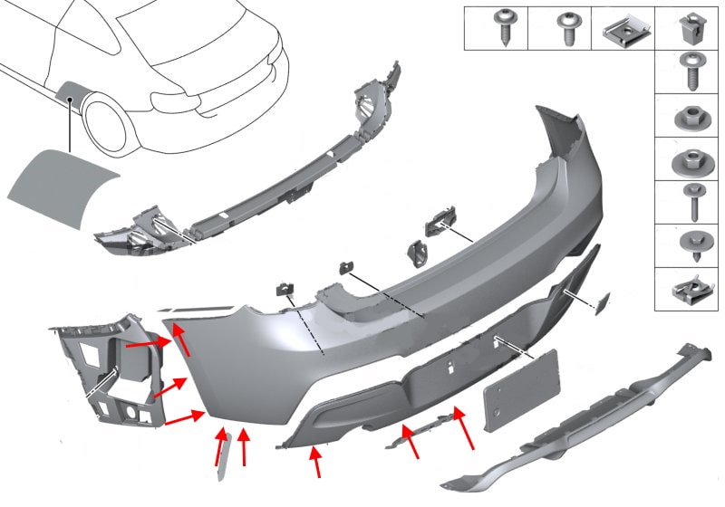 Esquema de fijación del parachoques trasero BMW Serie 2 (F22, F23)