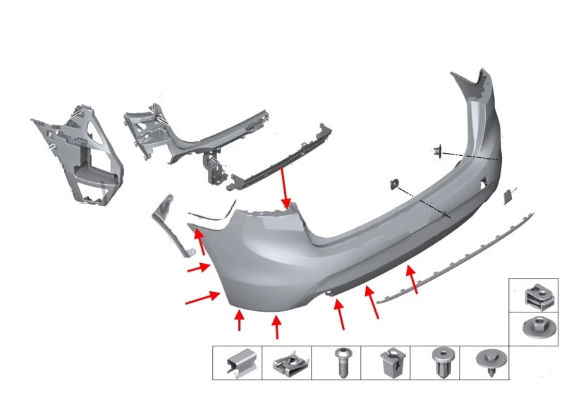 Schéma de montage du pare-chocs arrière pour BMW Série 2 (F45, F46)