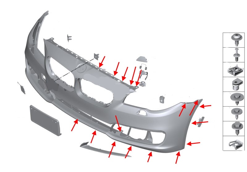 Diagrama de montaje del parachoques delantero BMW Serie 5 (F10, F11)
