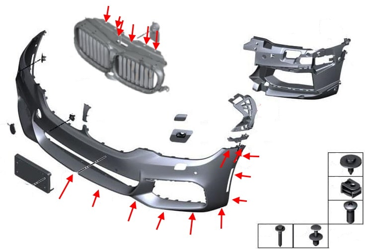 Diagrama de montaje del parachoques delantero BMW Serie 5 (G30, G31)