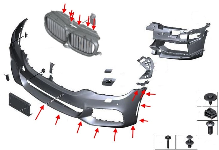 Schéma de montage du pare-chocs avant de la BMW Série 5 (G30, G31)