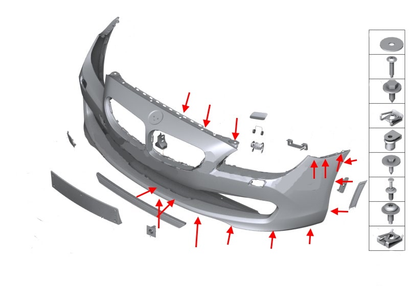 Diagrama de montaje del parachoques delantero BMW Serie 6 (F12, F13, F06)