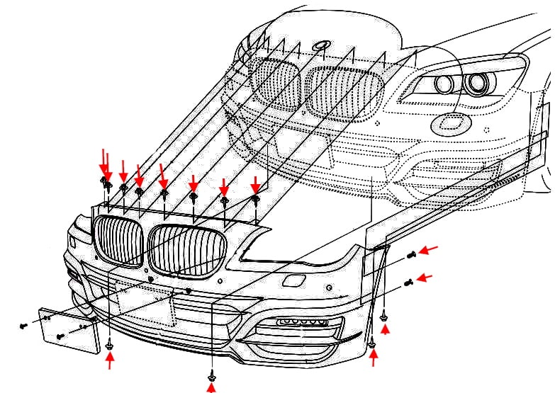 Схема крепления переднего бампера BMW 7-серии (F01, F02, F04)