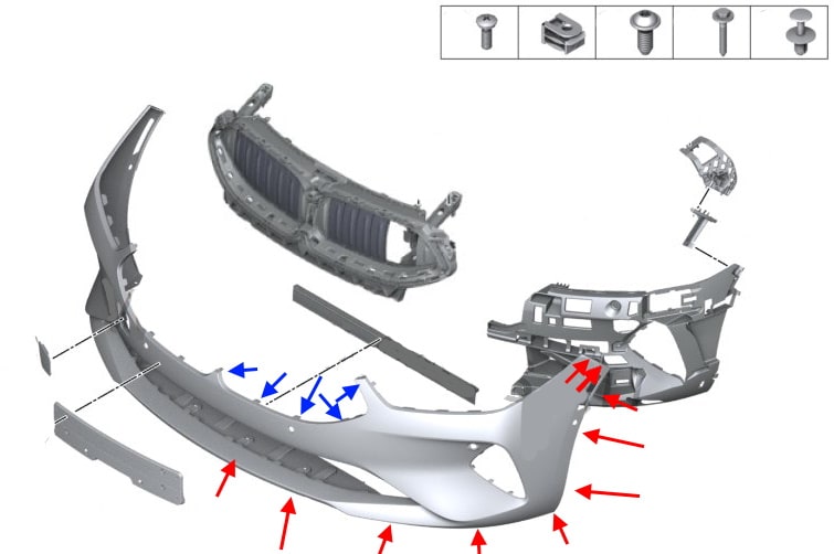 Diagrama de montaje del parachoques delantero BMW Serie 8 (G14, G15, G16)