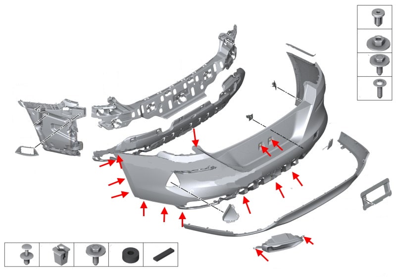 Diagrama de montaje del parachoques trasero BMW Serie 8 (G14, G15, G16)