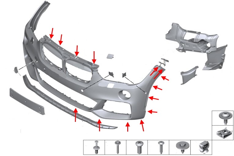 Diagrama de montaje del parachoques delantero del BMW X1 F48