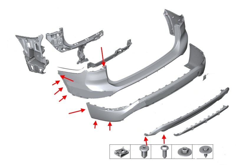 Diagrama de montaje del parachoques trasero del BMW X1 F48