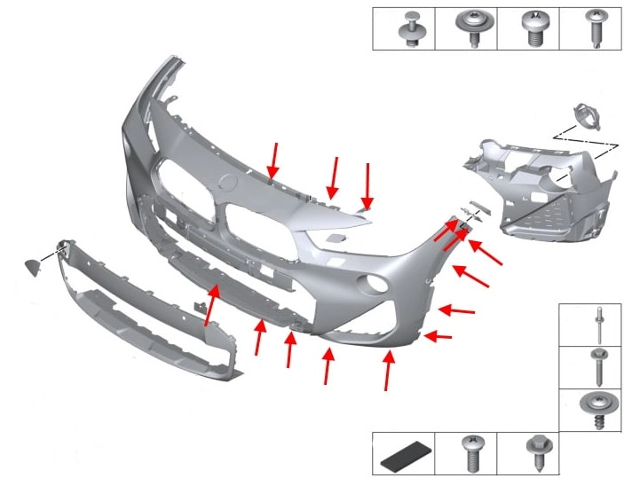 Diagrama de montaje del parachoques delantero del BMW X2 F39