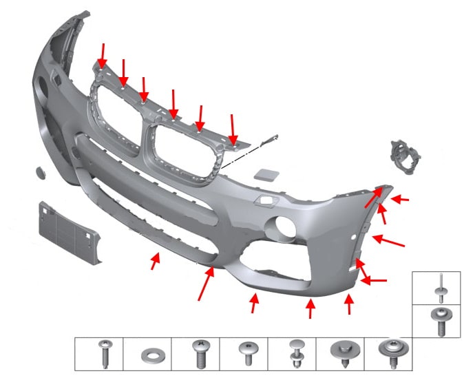 Diagrama de montaje del parachoques delantero del BMW X3 F25